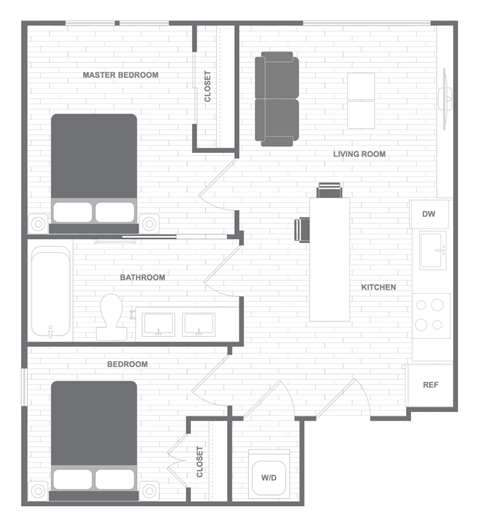 A black and white floor plan of an apartment with a master bedroom, living room, kitchen, bathroom, and two bedrooms.